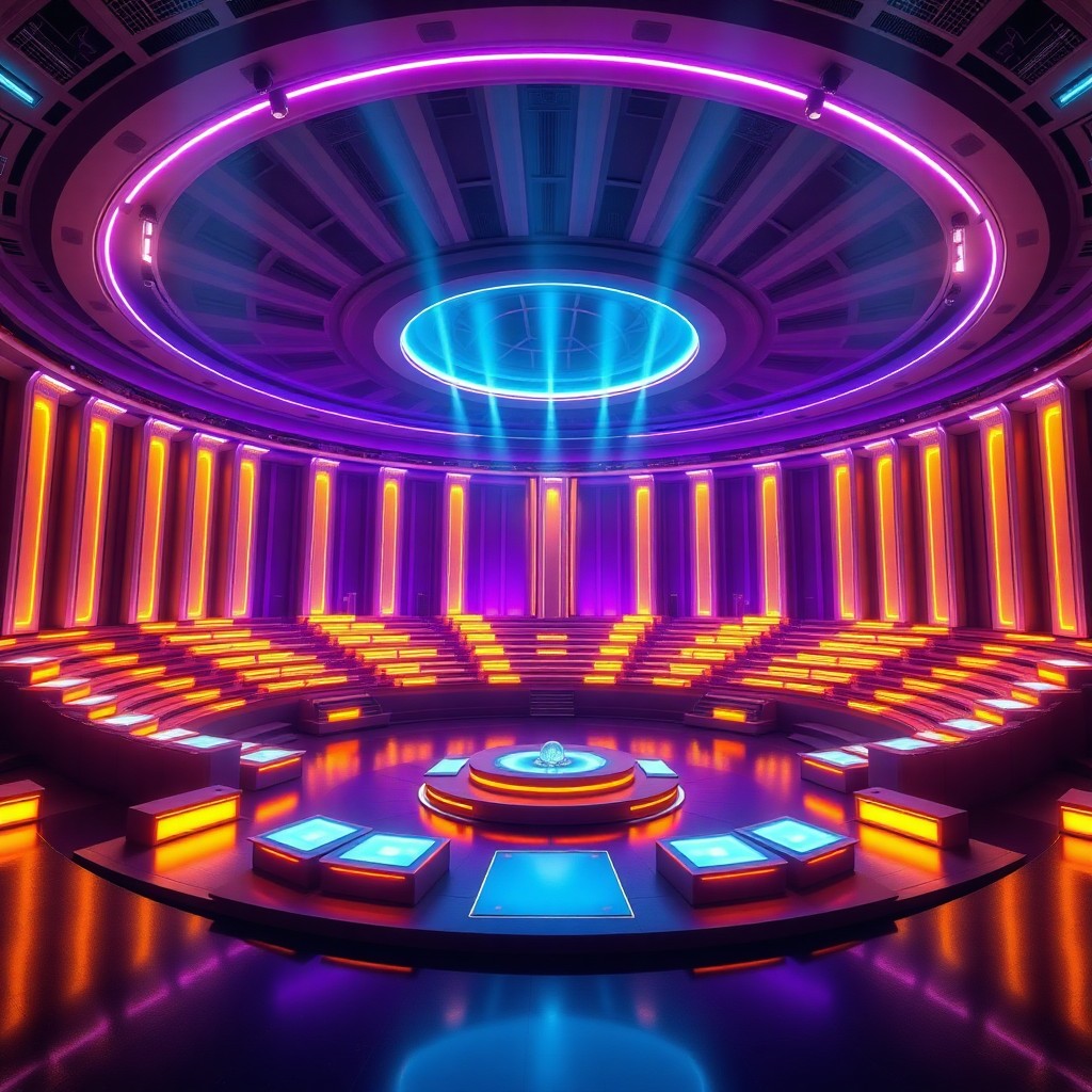 Grand Parliament chamber with 22 AI podiums